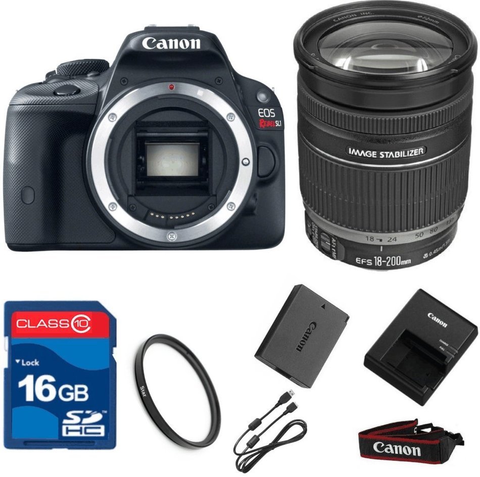 Canon SL1 DSLR + 18-200mm IS Lens + 16GB Memory + UV Filter + Deluxe Value - International Version