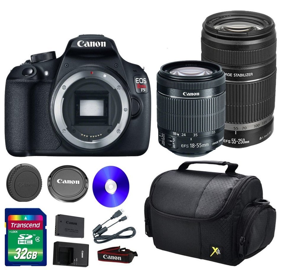 Deluxe Kit For T5 DSLR Camera + 18-55mm IS II Lens +EF-S 55-250mm f/4-5.6 IS STM Lens + 32 GB SDHC Memory Card...