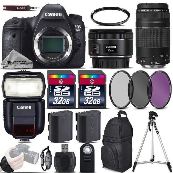 Canon EOS 6D DSLR Camera + 50mm 1.8 STM Lens + Canon 75-300mm Lens + Canon Speedlite 430EX III RT + 64GB Storage... N4