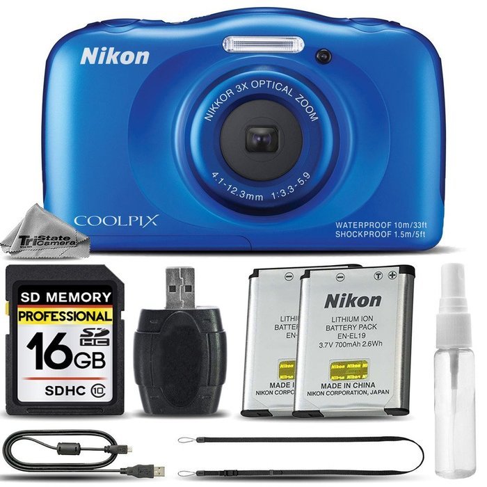 Nikon COOLPIX S33 Digital Waterproof & Freezeproof Full HD 1080p Camera (Blue) + 16GB Class 10 Memory Card + Backup... N2