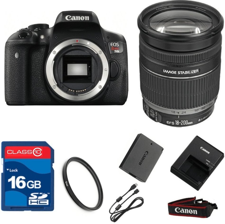 Canon T6I DSLR + 18-200mm IS Lens + 16GB Memory + UV Filter + Deluxe Value - International Version