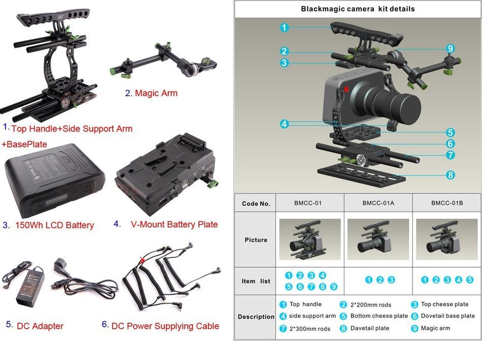 Camera Cage Rig with 150Wh Li-ion Battery Battery Pinch for BMCC BlackMagic Camera Kit N4