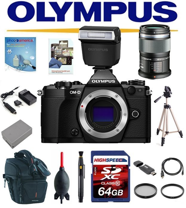 Olympus OM-D E-M5 Mark II W/ Olympus FL-LM3 Flash, Olympus MSC ED M. 60mm f/2.8 Lens, 64GB Deluxe Kit OMD EM5... N2