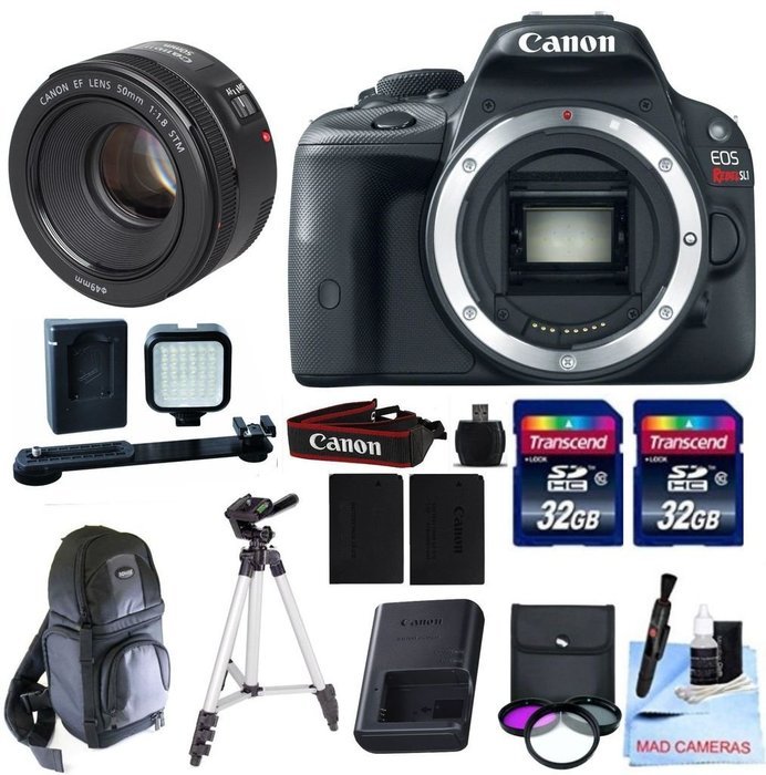 Canon EOS REBEL SL1 + Canon 50mm f/1.8 STM Video / Portrait Lens + 2 32GB Transcend SD Memory Cards + 3 Piece...