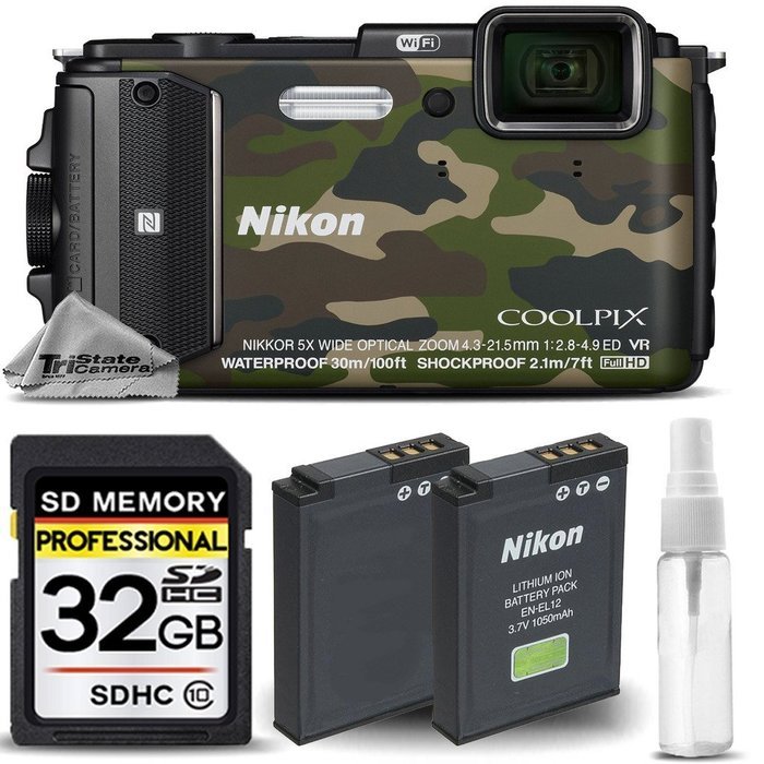 Nikon COOLPIX AW130 16MP Waterproof Digital Built-In Wi-Fi, NFC, GPS Camera (Camouflage) + 32GB Class 10 Memory...