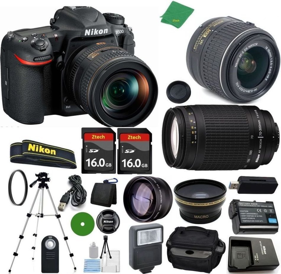 Nikon D500 - International Version (No Warranty), 18-55mm f/3.5-5.6 DX VR, Nikon 70-300mm f/4-5.6G, 2pcs 16GB... N2