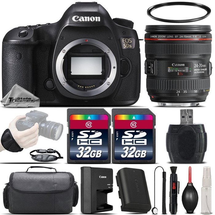 Canon EOS 5DS DSLR 50.6MP Full-Frame CMOS Camera + Canon EF 24-70mm f/4L IS USM Lens + 64GB Storage + Wrist Grip...