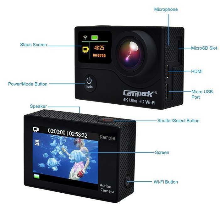 Campark Sports Action Camera-dual Screen, 4k 25fps, 1080p 60fps,wifi,waterproof RF Remote Control,Color Pacakage... N12