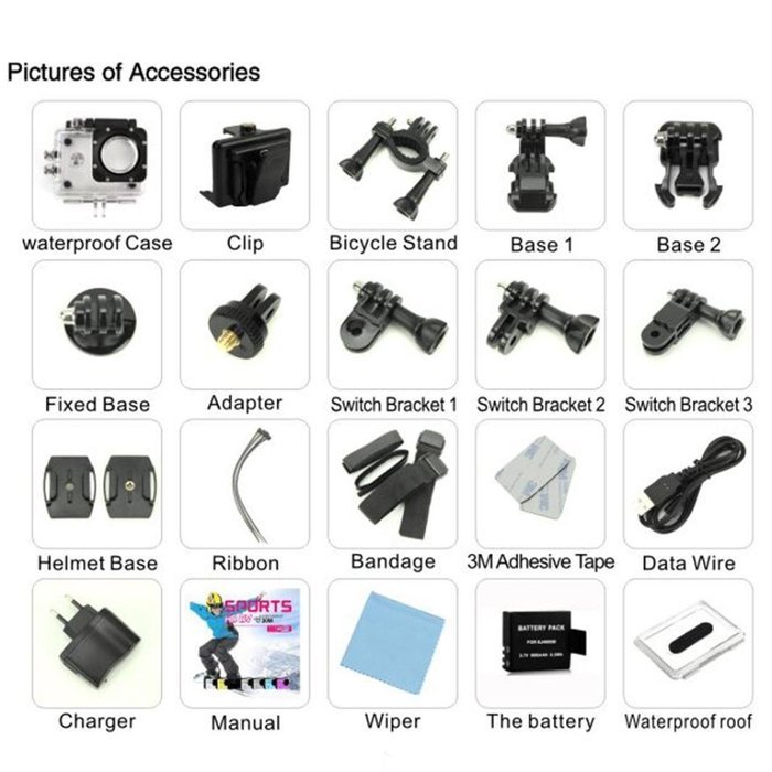 Boddenly Pro5000 HD Wifi 2.0LTPS 170&deg; Wide Angle Lens Sports Action Camera Kit (White+WiFi) N7