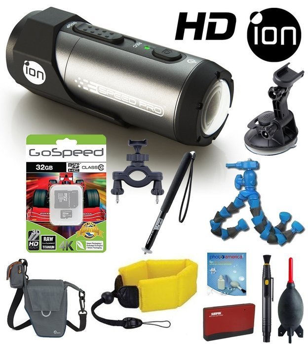 iON Speed Pro Action Camera w/ Automotive and Bike Mounts + Floating Strap, Monopod, Flexpod, LowePro Case,32GB...
