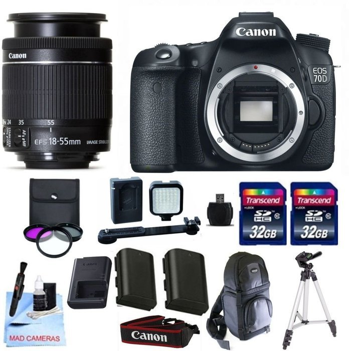 Canon 70D Body Only + Canon 18-55mm IS STM + 2 32GB Transcend SD Memory Cards + LED Video Light + Spare LP E6...