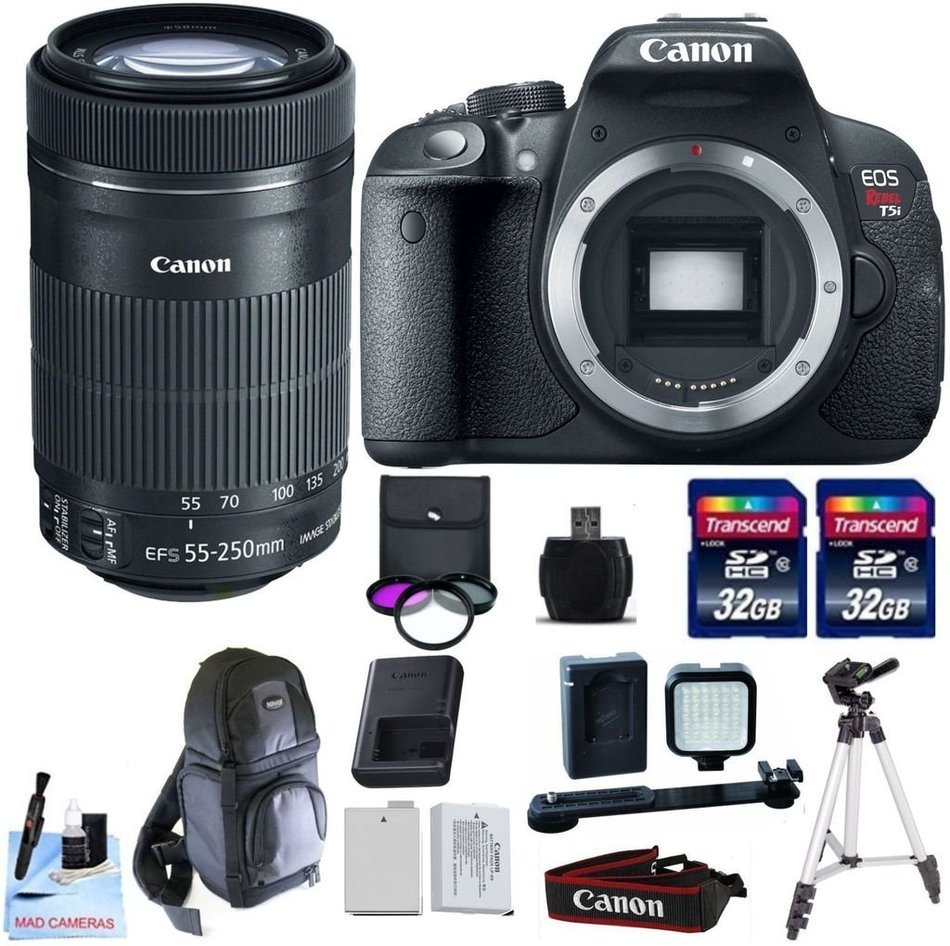 Canon EOS T5i + Canon EF-S 55-250mm f/4-5.6 IS STM + 2 32GB Transcend SD Memory Cards + LED Video Light + Spare...