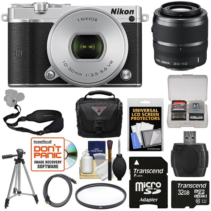 Nikon 1 J5 Wi-Fi Digital Camera & 10-30mm Lens (Silver) with 30-110mm VR Lens + 32GB Card + Sling Strap + Case... N2