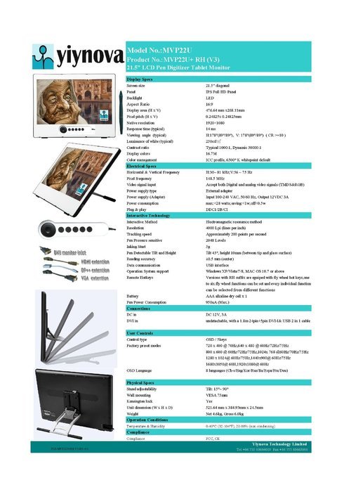Yiynova MVP22U(V3)+RH Full HD Tablet Monitor,IPS Panel, DVII Digital Input (Mac & Windows... N3
