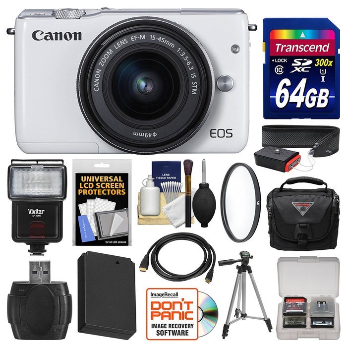 Canon EOS M10 Wi-Fi Digital ILC Camera & EF-M 15-45mm IS STM Lens (White) with 64GB Card + Case + Flash + Battery... N3