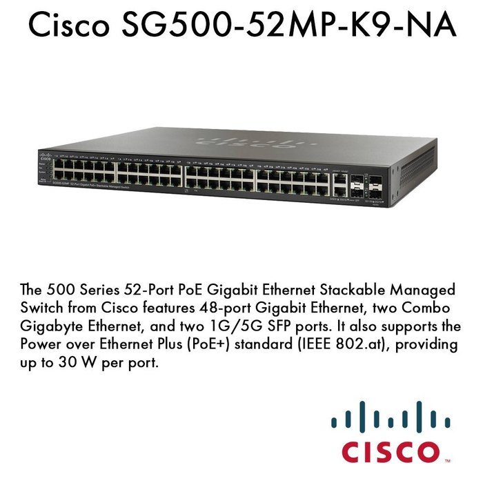 CISCO 52PORT GIGABIT MAX POE+ STACKABLE MANAGED SWITCH / SG500-52MP-K9-NA /