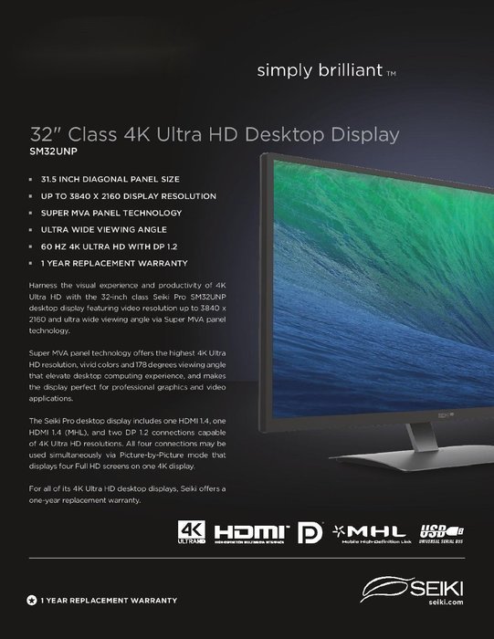 Seiki Pro SM28UTR 28-Inch 4K UHD 3840x2160 Led-Lit Monitor N6