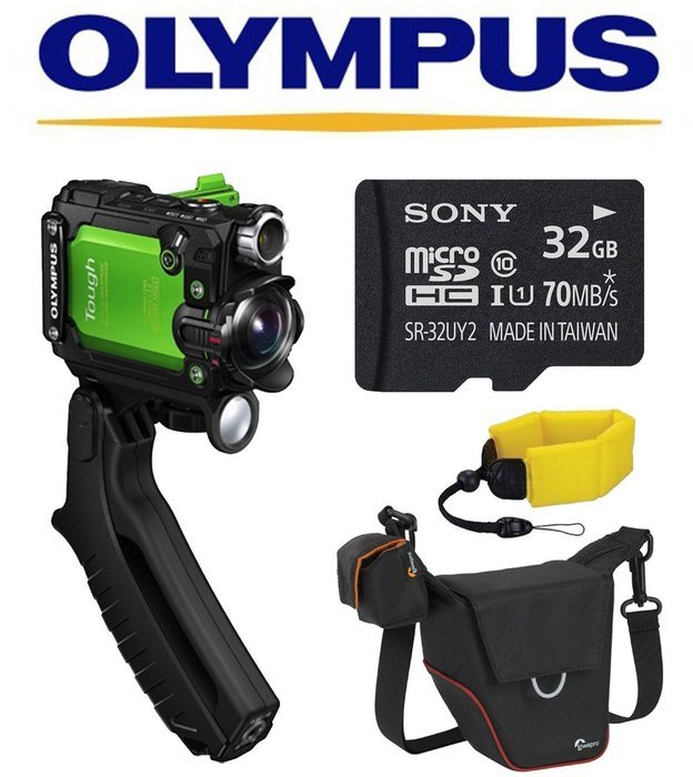 Olympus Stylus Tough TG-Tracker Action Camera (Green) w/ Olympus Steady Grip + Lowepro Case + Sony 32GB MicroSD...