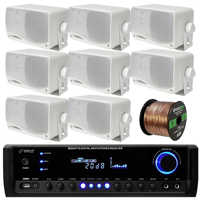 Pyle PT390BTU Bluetooth Digital Home Theater 300-Watt Stereo Receiver Bundle Combo With 8x White 3'' Inch 3-Way...