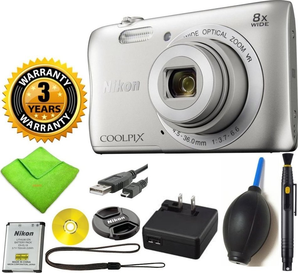 Nikon COOLPIX S3700 Digital Camera with 8x Optical Zoom and Built-In Wi-Fi (Silver) (White Box) with Lens Cleaning...