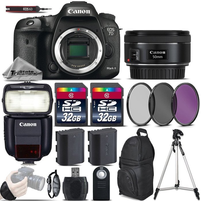 Canon EOS 7D Mark II DSLR Camera + 50mm 1.8 STM Lens + Speedlite 430EX III RT + 64GB Storage + Backup Battery...