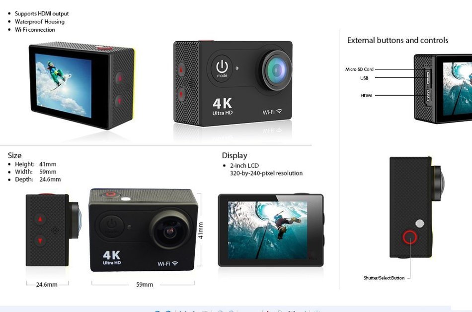 Relee Extreme Sports Wifi 4K Waterproof Sport Action Camera 2.0 Inch 170 Degree Ultra-wide Angle Lens N5