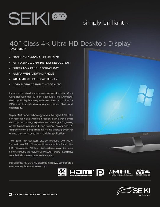 Seiki Pro SM28UTR 28-Inch 4K UHD 3840x2160 Led-Lit Monitor N9