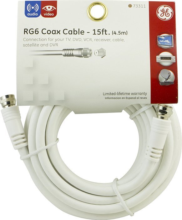 GE 15-Feet RG6 Coaxial Video Cable, White, 73311