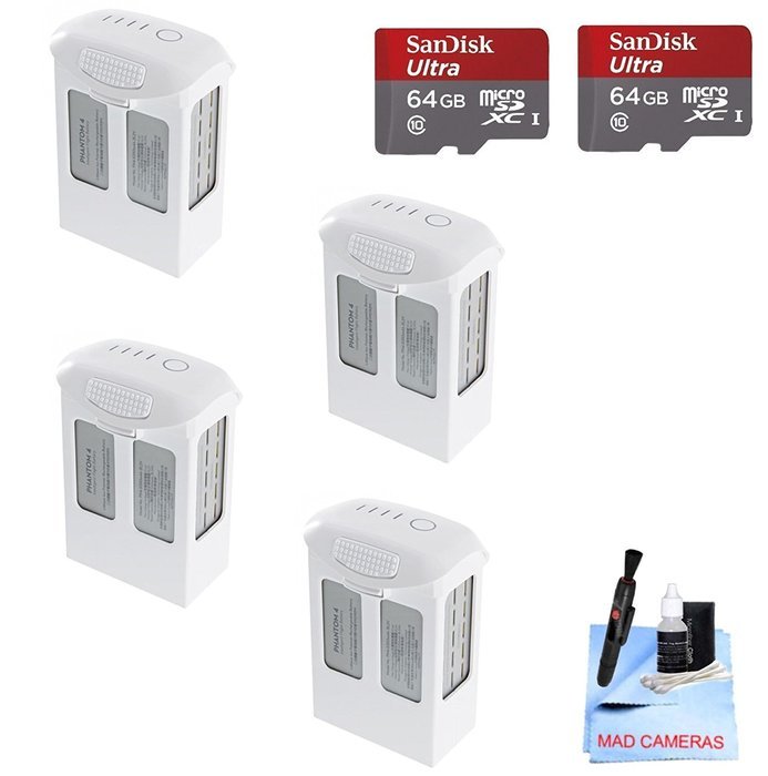 DJI Phantom 4 Battery Power Kit - Includes 4 Intellegent In Flight Batteries + 2 64GB SD Memory Card