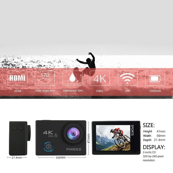 4K WIFI Sport Action Camera,PINGKO 2.0 Inch LCD Screen 12MP 1080P HD 170 Degree Wide Angle Lens Sony Sensor Gyro... N13