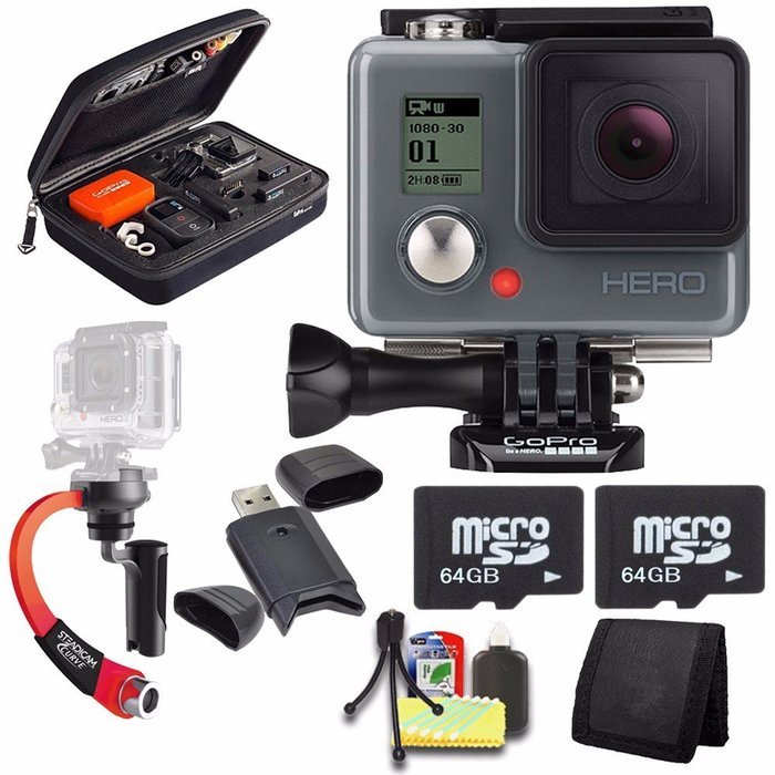 GoPro HERO Action Camera + Steadicam Curve for GoPro HERO Action Cameras (Red) + 64GB Memory Card + Case for GoPro...