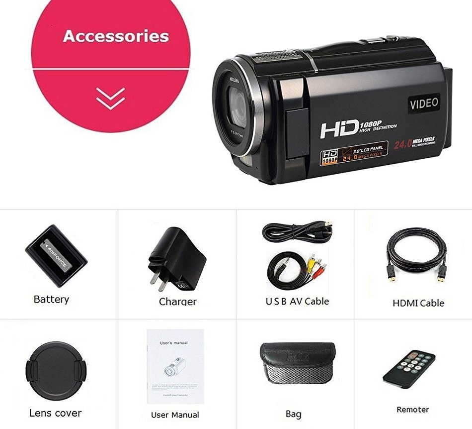 SEREE HDV-S5 Full HD 1080p 30fps Camcorder 24MP Resolution Macro Mode Support up to 64G SD Card External battery... N16