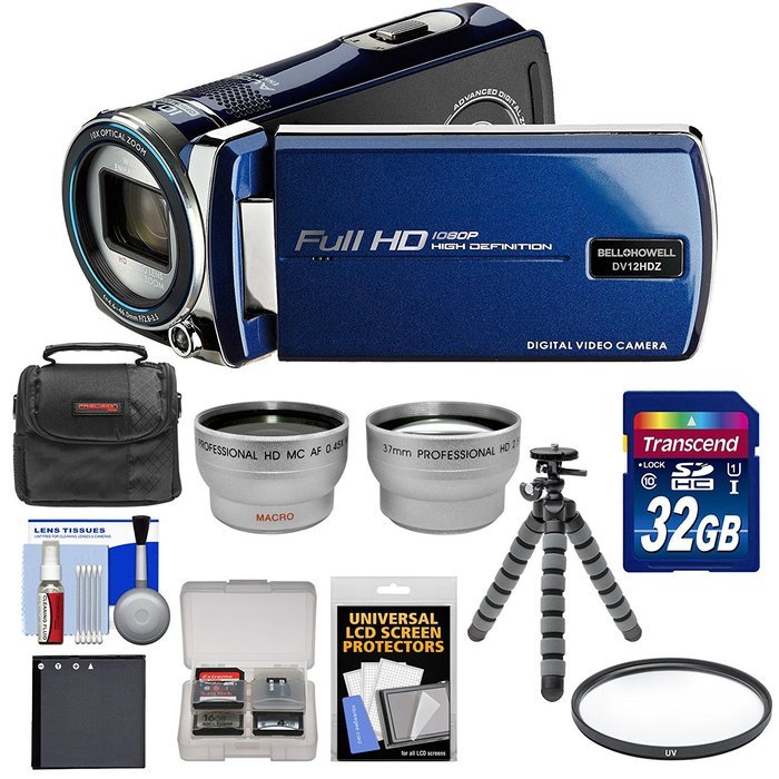 Bell & Howell DV12HDZ 1080p HD Video Camera Camcorder (Blue) with 32GB Card + Battery + Case + Flex Tripod + Filter...
