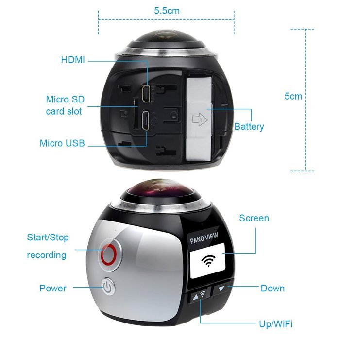 Campark 16MP 3K(2448*2448/30fps) 360 Degree Panoramic VR Action Camera,Spherical Lens,3D, Waterproof, WIFI,Support... N3