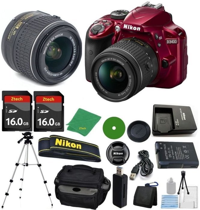 Nikon D3400 Red Digital SLR - International Version (No Warranty), 18-55mm f/3.5-5.6 DX VR, 2pcs 16GB ZeeTech...