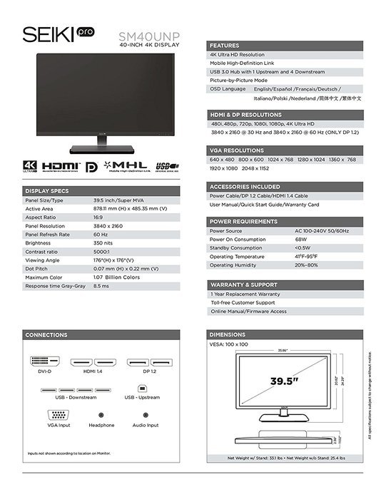 Seiki Pro SM28UTR 28-Inch 4K UHD 3840x2160 Led-Lit Monitor N13