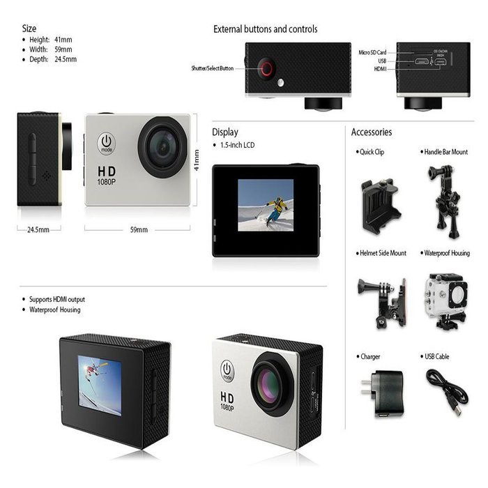 Generic 1080p Sports Camera Outdoor Lifestyle Action Camera with Wi-fi & Image Stabilization (Silver) N2