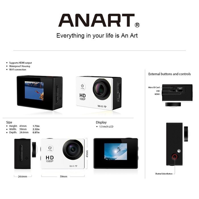 ANART&reg; SPC-01-M W8 12MP Wifi 1080P Waterproof Helmet Sports Camera with Medium Shockproof Storge Bag Black N5