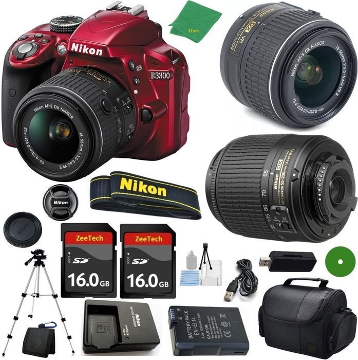Nikon D3300 Red - International Version (No Warranty), 18-55mm f/3.5-5.6 DX VR, Nikon 55-200mm f4-5.6G ED DX Nikkor... N3