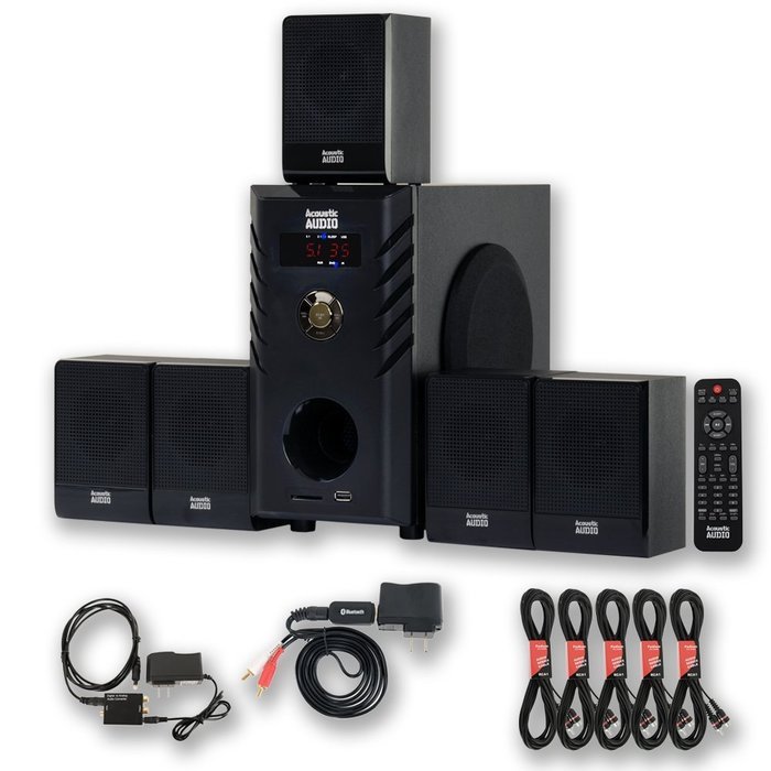 Acoustic Audio AA5104 600W 5.1 Speaker System with Bluetooth, Optical Input and 5 Extension Cables AA5104BD-5 N2