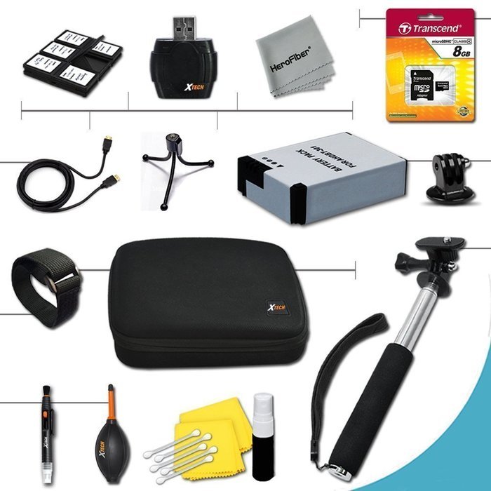 Xtech&reg; Essential 15 piece Accessory Kit for GoPro HERO4 Hero 4 Digital Camera Includes an 8GB High Speed Memory... N7