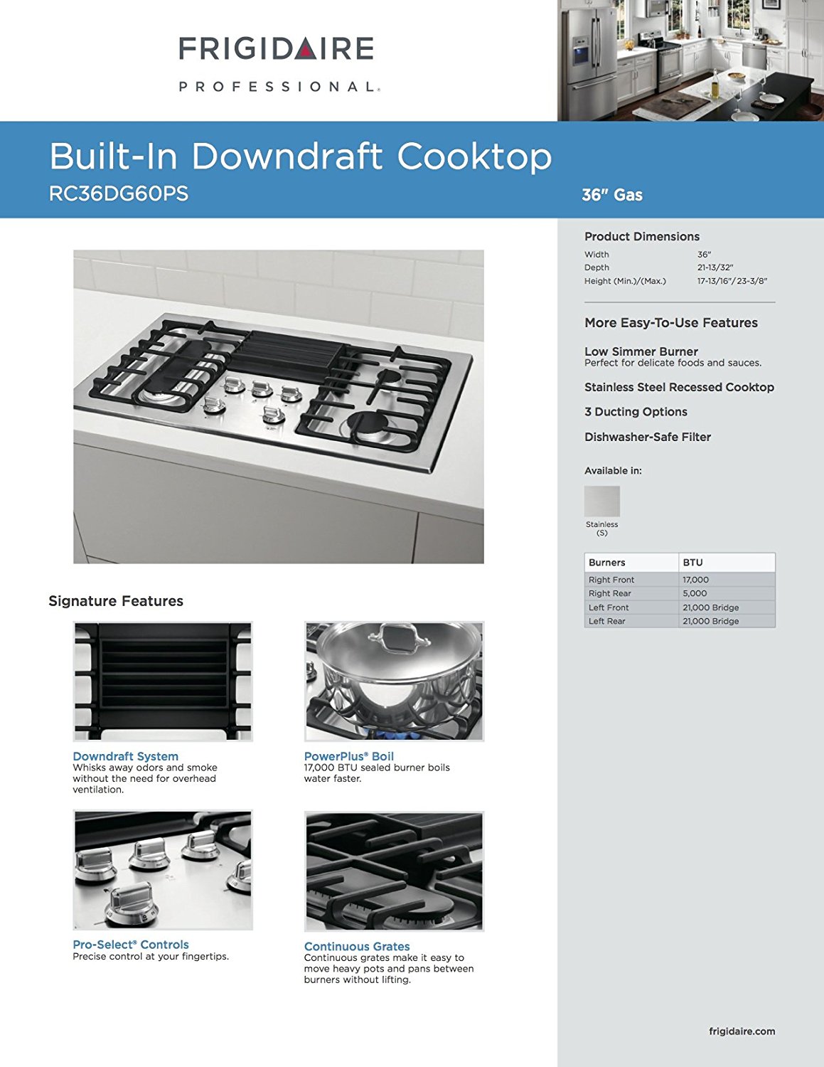 Frigidaire rc36dg60ps 36 built in downdraft gas cooktop with 4 sealed