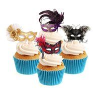 Novelty Masquerade Mask Mix 12 Edible Stand Up wafer paper cake toppers (5 - 10 BUSINESS DAYS DELIVERY FROM UK)