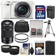 Sony Alpha A6000 Wi-Fi Digital Camera &amp; 16-50mm Lens (White) with 55-210mm Lens + 32GB Card + Case + Battery/Charger...