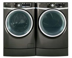 GE Metallic Carbon Front Load Laundry Pair with GFWR4805FMC 28" Washer and GFDR485GFMC 28" Gas Dryer