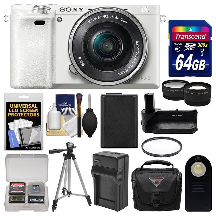 Sony Alpha A6000 Wi-Fi Digital Camera & 16-50mm Lens (White) with 64GB Card + Case + Battery & Charger + Grip... N2
