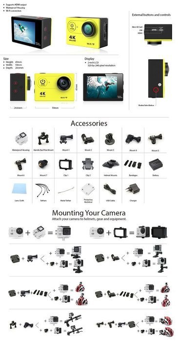 4K Ultra HD Action Camera Wifi 1080P 60fps 4.0MP COMD Sensor 2.0 inch Waterproof Sports Video Camera Car Helmet... N13