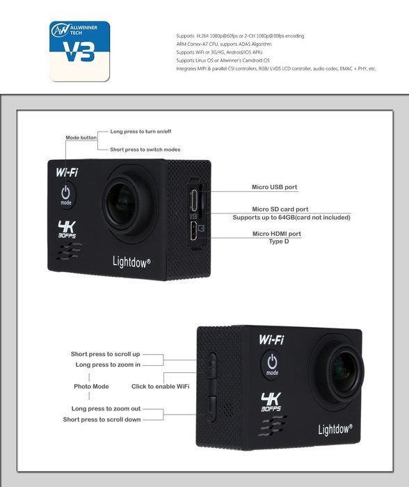 Lightdow [Allwinner V3 + Sony IMX179 + 2.0" LCD + 170&deg; Wide Angle + 2 Batteries] 4K/30FPS & 1080P/60FPS FHD Waterproof... N5