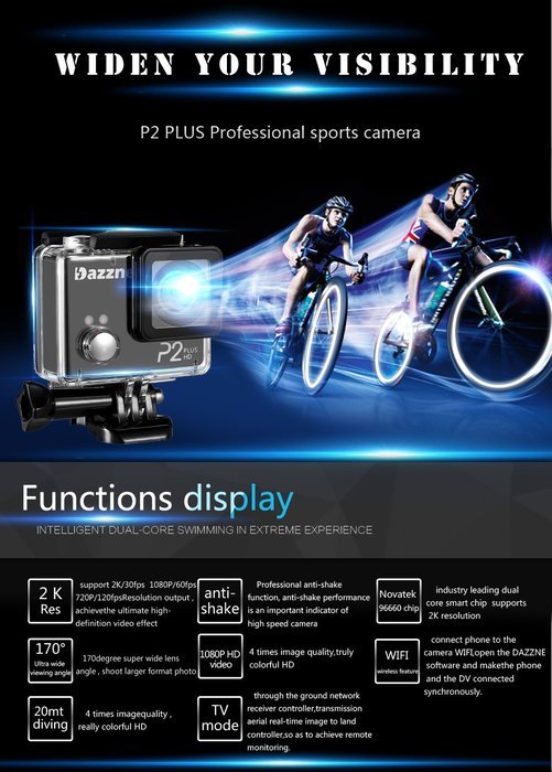 Dazzne P2 Plus WIFI Waterproof Sports Action Camera 2K 1080P 60fps HD 2.0Inch N4
