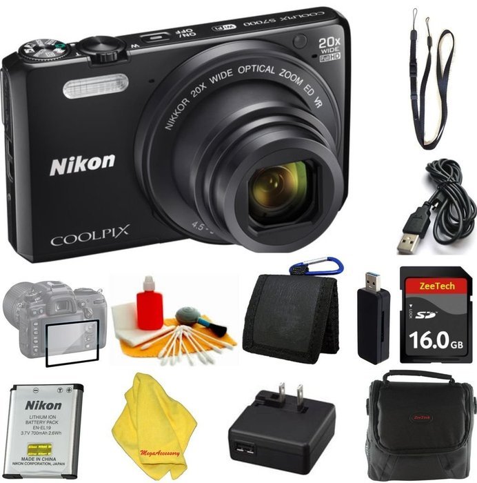 Nikon Coolpix S7000 16 MP Digital Camera with 20x Optical Image Stabilized Zoom 3-Inch LCD (Black) + Case+16 GB...